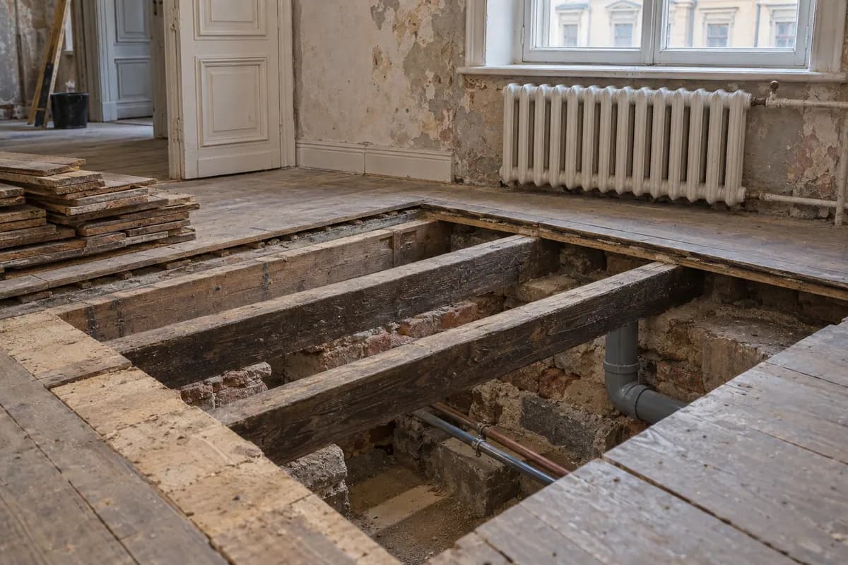 Вскрытый участок пола в старой квартире Петербурга